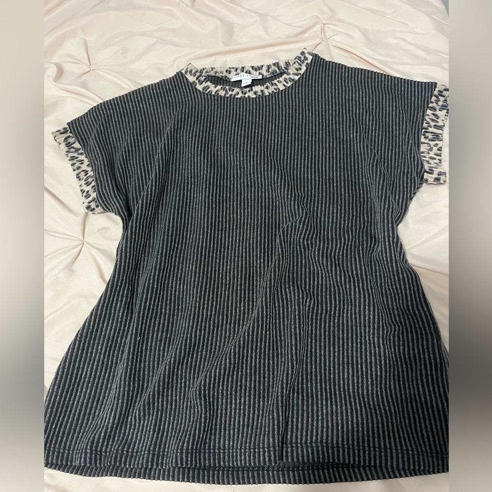 Women's Black Pinstripe Tee with Leopard Trim